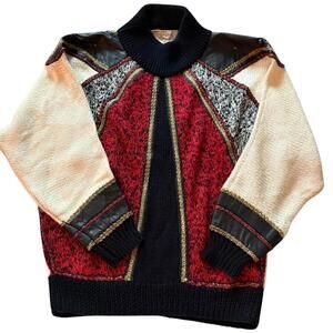 Nannell Vintage Turtleneck Knit Sweater Red Black Cream Leather Trim L